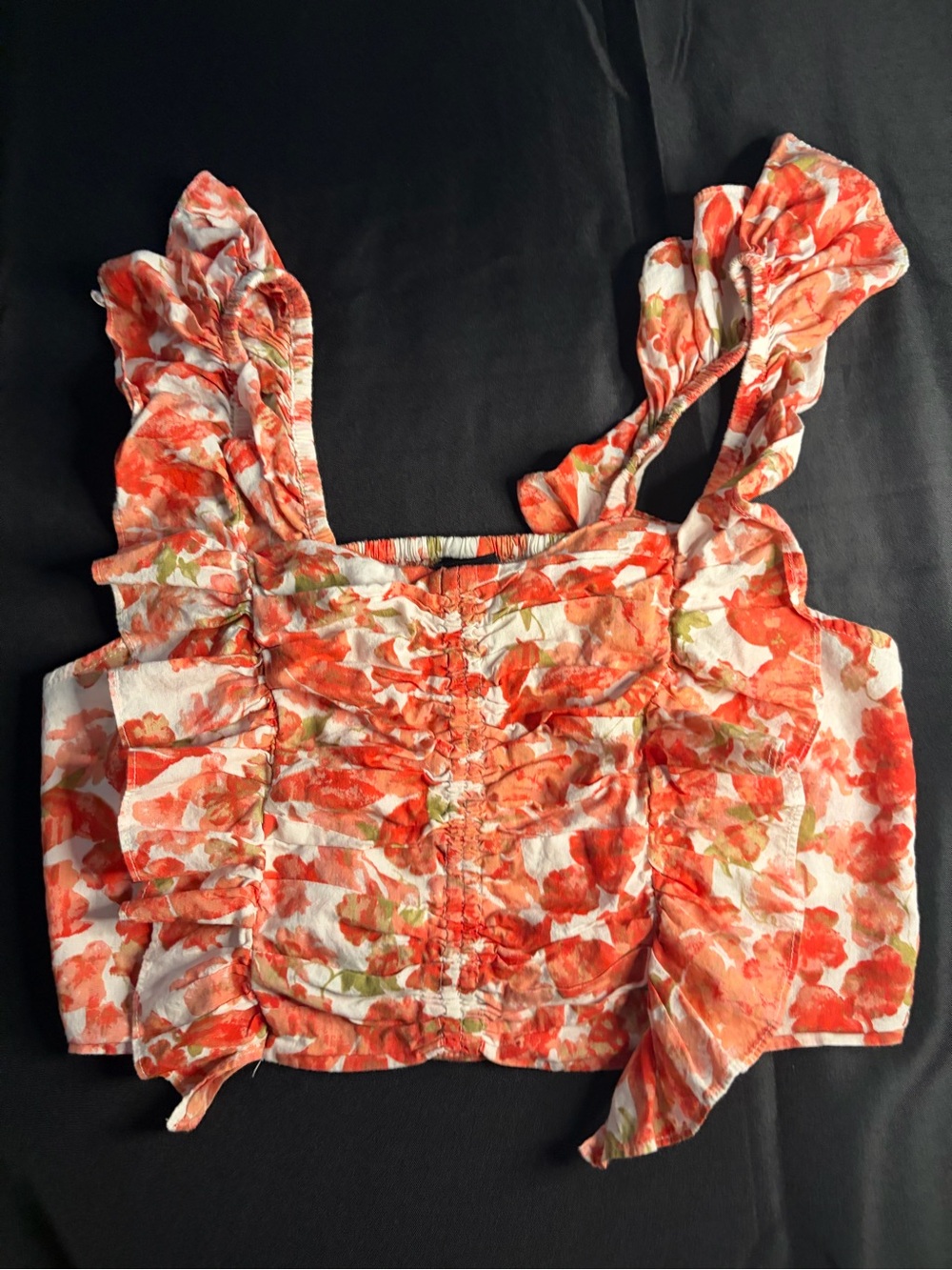 Lush Floral Ruffle Smocked Crop Top - Orange/White Size Large
